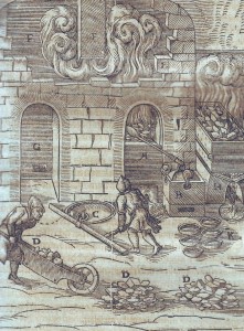 Historische Darstellung eines Verhüttungsprozesses, aus:  „Aula Subterranea Domina Dominantium […]“ (Franckfurt 1672) [Vorlage: Stadtarchiv Siegen, Kupferstichsammlung] 