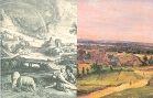 Die Abbildung zeigt als Collage ein Detail aus "Landschaft mit dem Regenbogen" von Schelte à Bolswert (Kupferstich aus der Serie der Kleinen Landschaften, Siegerlandmuseum) sowie ein Detail aus John Constables "Englischer Landschaft" (Öl auf Pappe, 1820, Von der Heydt-Museum Wuppertal).
