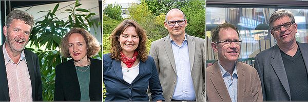 Foto von links nach rechts: Hans-Dieter Weckmann (Direktor des Zentrums für Informations- und Medientechnologie der Heinrich-Heine-Universität Düsseldorf), Dr. Irmgard Siebert (Leitende Bibliotheksdirektorin der Universitäts- und Landesbibliothek Düsseldorf), Prof. Dr. Sabine Roller (Leiterin des Zentrums für Informations- und Medientechnologie an der Universität Siegen) und Dr. Jochen Johannsen (Leiter der Universitätsbibliothek Siegen), Dieter Huth (links, Leiter des Zentrums für Informations- und Medienverarbeitung der Bergischen Universität Wuppertal) und Uwe Stadler (Direktor der Universitätsbibliothek Wuppertal).