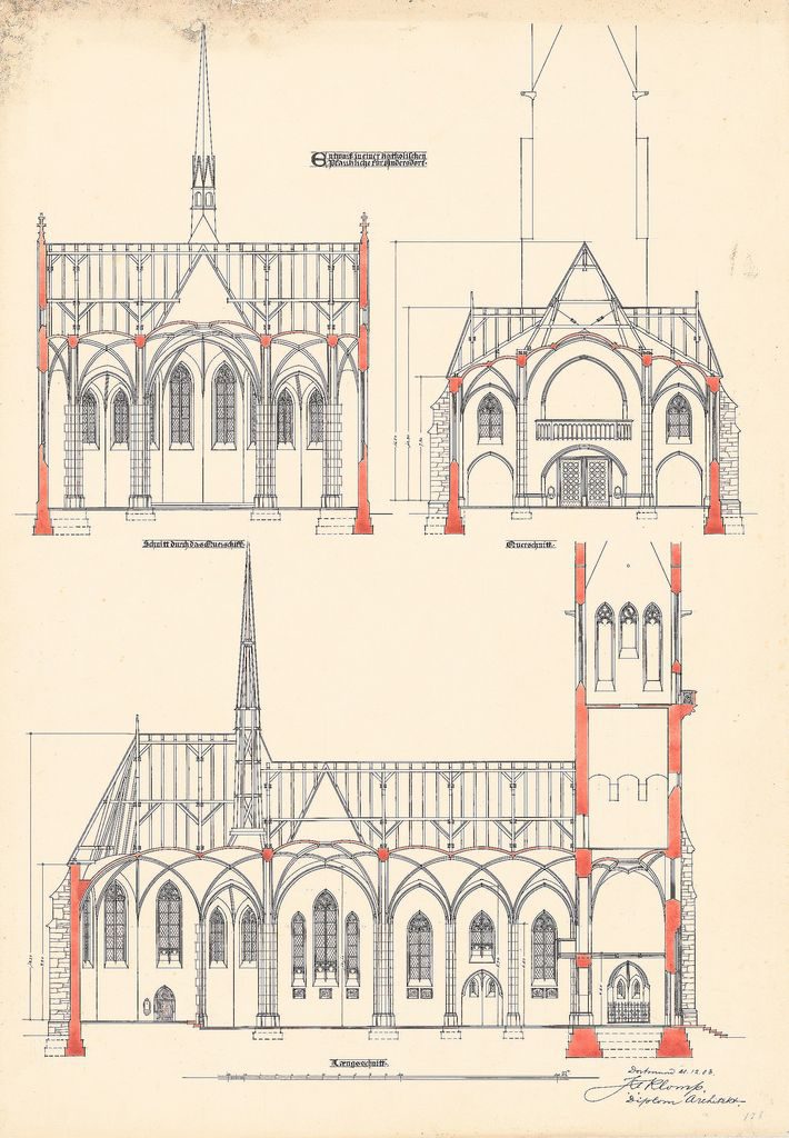 Klomp Johannes Franziskus (1865-1946), St. Laurentius, Rudersdorf bei Wilnsdorf: Schnitt durch das Querschiff, Querschnitt und Längsschnitt (Vorentwurf). Tusche, Tinte farbig auf Karton, 74,6 x 52,3 cm (inkl. Scanrand). Architekturmuseum der Technischen Universität Berlin Inv. Nr. JK 046,006.