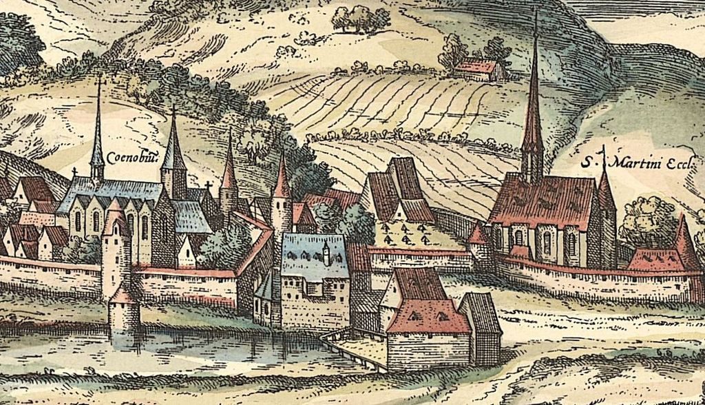 Ausschnitt aus einer Stadtansicht Siegens von 1617 mit Franziskanerkloster („Coenobiu“), Martinikirche und Stadtmauer. Vorlage: Stadtarchiv Siegen. 